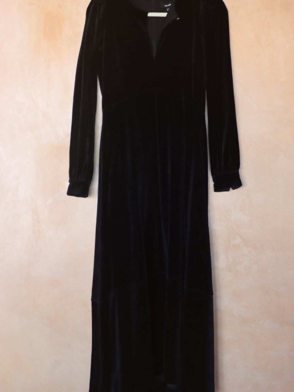 Me+Em Black Velvet Maxi Dress Long Sleeve Pearl Button Cuff Size 6